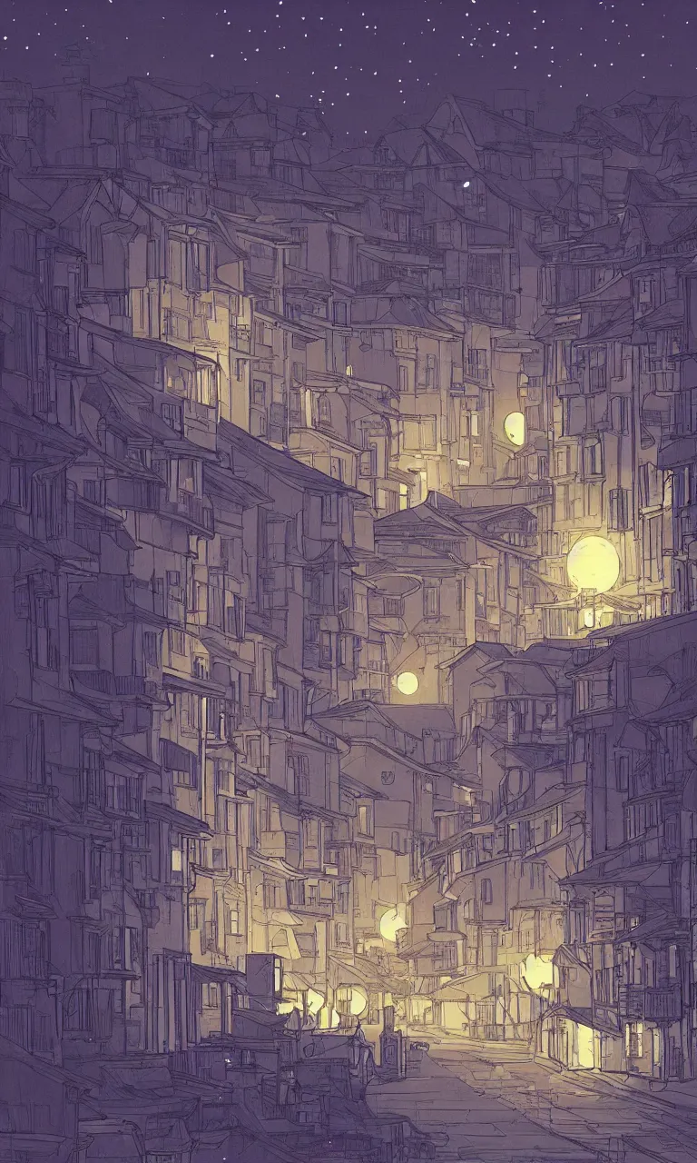 Image similar to a serene painting of a town at night, the moon and stars, by laurie greasley, artstation, studio ghibli color scheme