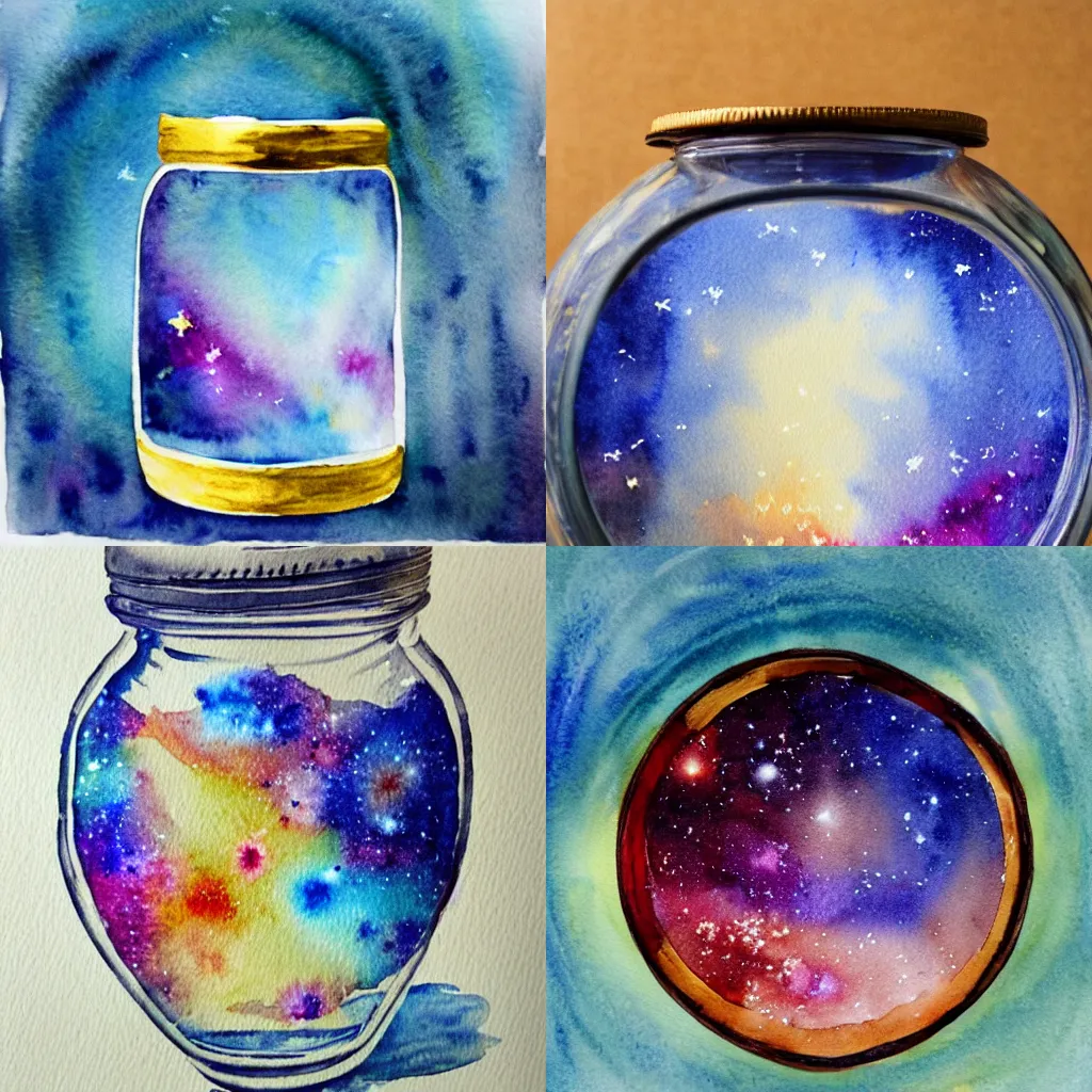 Prompt: a watercolour painting of a galaxy inside a jar