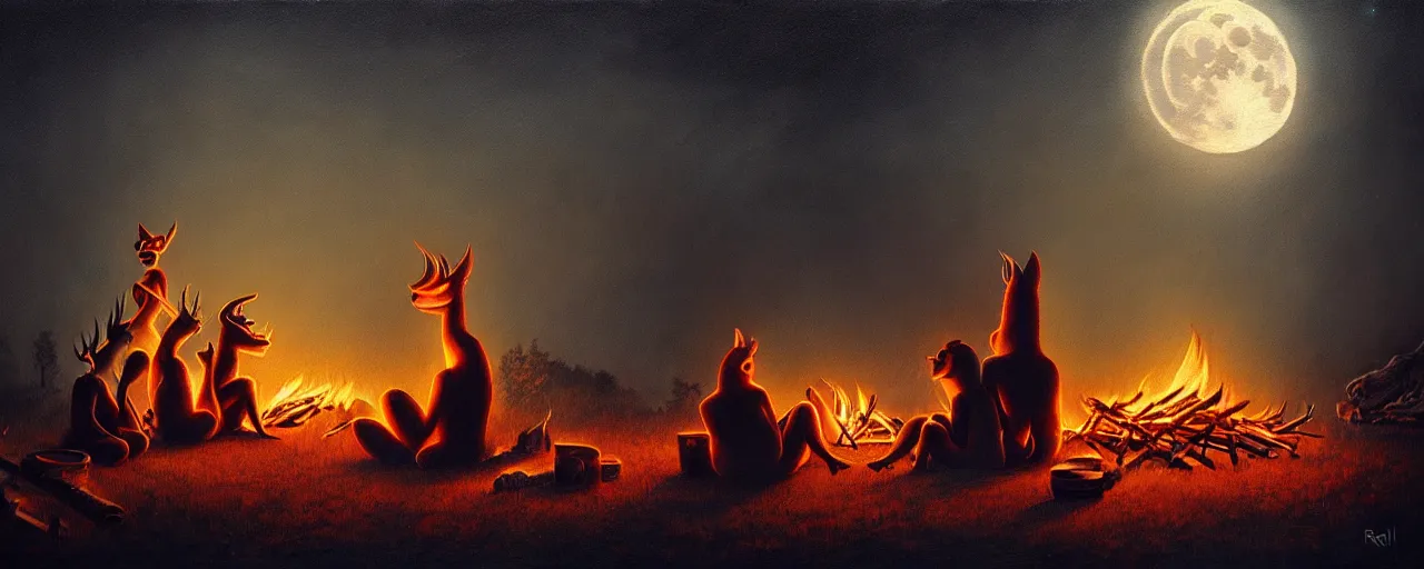 Image similar to strange mythical beasts of sitting around a fire under a full moon, surreal dark uncanny painting by ronny khalil