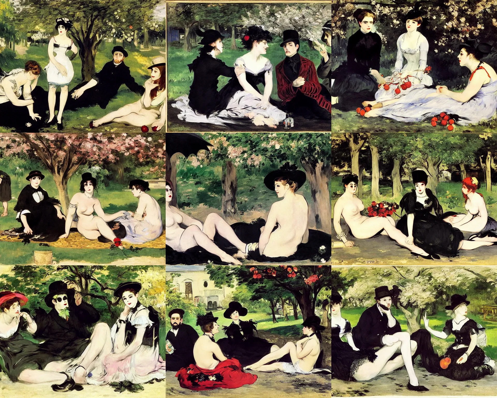 Prompt: hd art by edouard manet. three goths loitering in the shade, talking beneath a cherry tree outside a blockbuster video store.