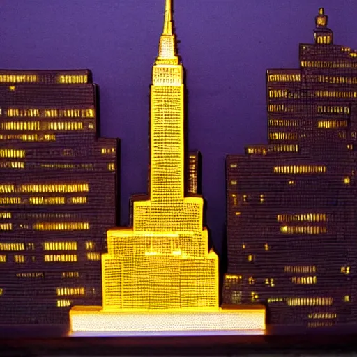 Prompt: photo of the empire state building made out of cheese at night, bright city lights