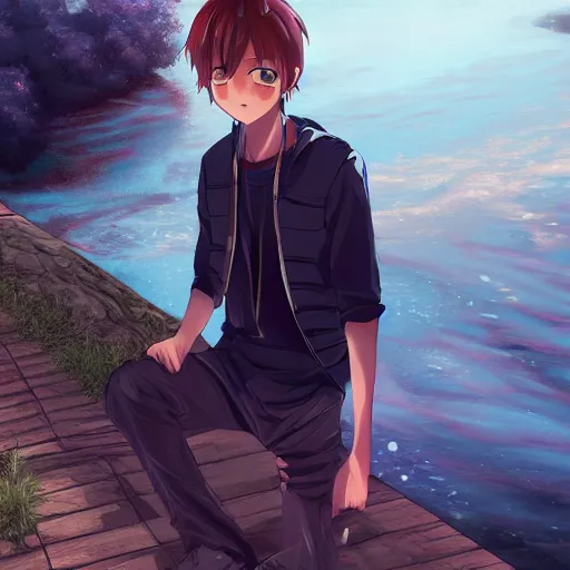 Prompt: cute anime boy standing by a large river, digital art , highly detailed , high contrast, beautiful lighting, award winning , trending on art station, photorealistic, 8k