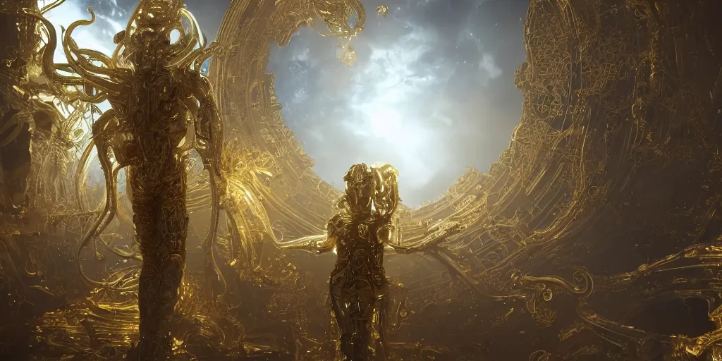 Prompt: a photo of 8k ultra realistic corrupted opulent golden humanoid queen standing next to a spaceship window overlooking earth, 8 intricate white and gold tentacles, ornate white and gold armour, cinematic lighting, trending on artstation, 4k, hyperrealistic, focused, extreme details, unreal engine 5, cinematic, masterpiece