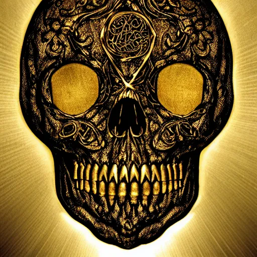 Image similar to chiaroscuro Baroque Still life photo of golden skull etched with detailed and intricate ancient runes, overtaken by plant ivy filigree, lit by a single god ray of shining light.