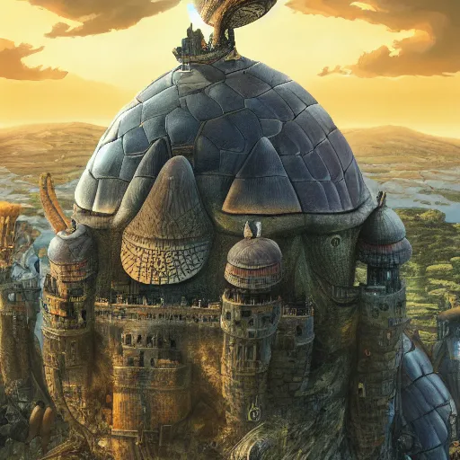 Image similar to giant tortoise with a large fantasy castle rising from the top of it, distant shot birds eye view, fantasy, hyper detailed, 4 k, howls moving castle, mortal engines, kaiju,