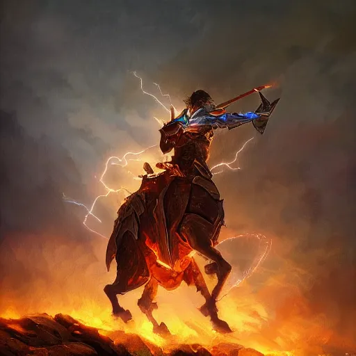 Prompt: armor lightnings fire elemental hyperrealism, cavalry wielding a greatsword of fire with electricity elemental, standing in frontal of a castle, castle realistic, big forest world fantasy hyperrealism, sky northern lights, hyperrealism by greg rutkowski