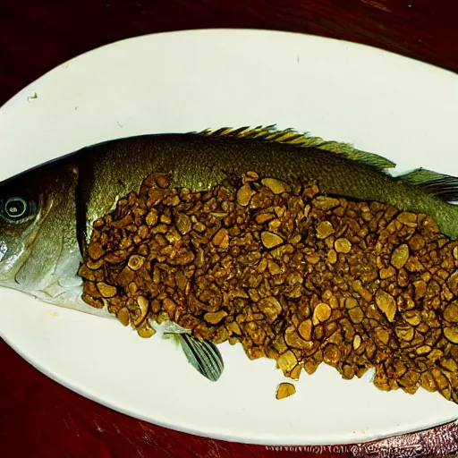 Prompt: Fish eats khinkali photo