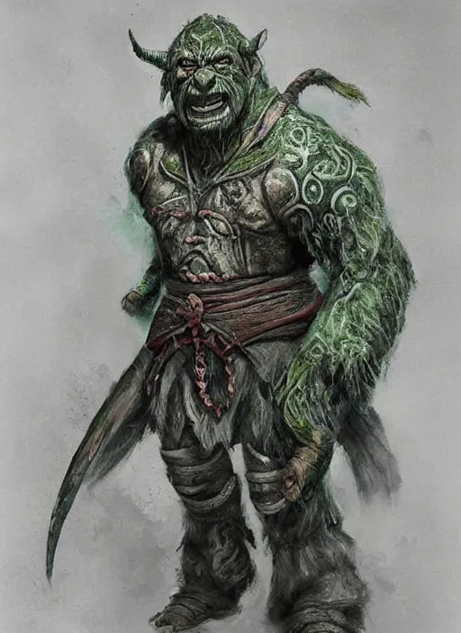 Image similar to detailed full body concept art pastel painting of an orc poet in intricately designed clothing, hyper realistic