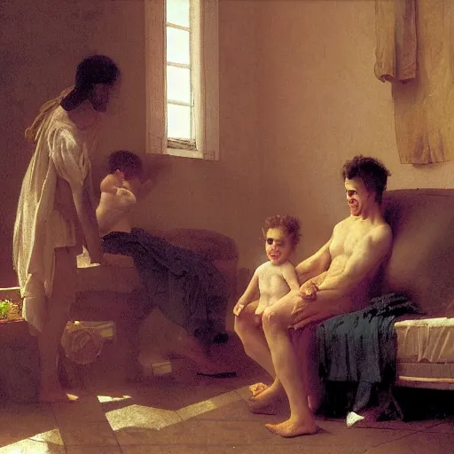 Prompt: a male patient at home with his wife and son standing by. happy, cheerful, smiling, intricate, face enhance, sharp focus, cinematic lighting, sharp focus, featured in artistation, 8 k, art by greg rutkowski, william adolphe bouguereau