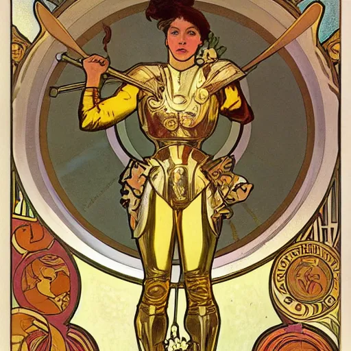 Image similar to woman in golden plate armour, fighting stance, painted by alphonse mucha