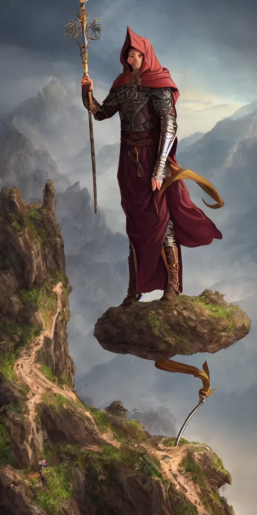 Prompt: A male wizard with a staff standing on a mountain peak over looking a kingdom, trending on artstation, digital art