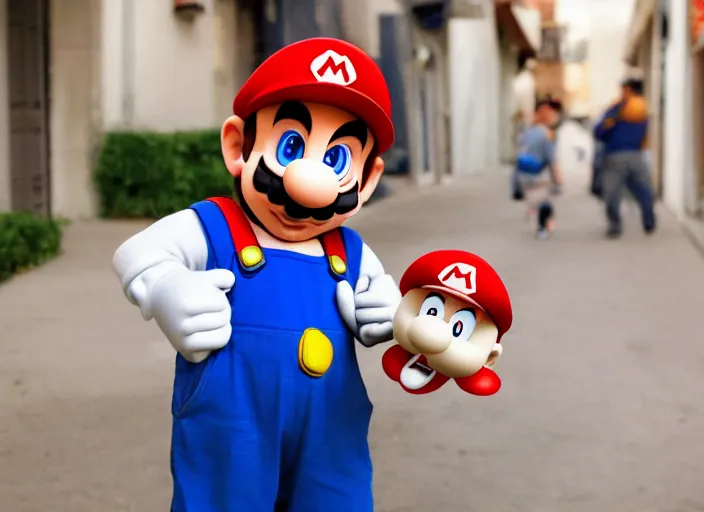 Prompt: super mario as a drug dealer selling a super mushroom in the alleys of los angeles, super mario in real life, red hat, blue overalls, mario is holding a super mushroom, canon eos r 3, f / 1. 4, iso 2 0 0, 1 / 1 6 0 s, 8 k, raw, unedited, symmetrical balance, wide angle