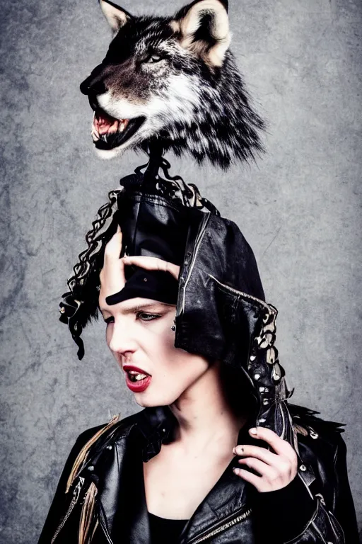 Image similar to photographic portrait of a punk girl in a leather jacket wearing a wolf's head over her face, high fashion, style magazine shoot, cool punk with wolf on her head