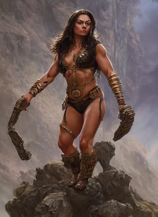 Image similar to Mila Kunis as a very muscled rugged looking Amazon, intricate, elegant, highly detailed, centered, digital painting, artstation, concept art, smooth, sharp focus, illustration, art by artgerm and donato giancola and Joseph Christian Leyendecker, WLOP