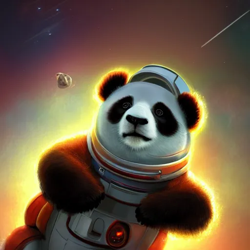 Image similar to a adorable panda in an astronaut suit in space, warm lighting with cool shadows, digital painting, detailed, trending on artstation, nebulas in background, in the style of dominik mayer thomas dubois, gaston bussiere, 8 k, octane render