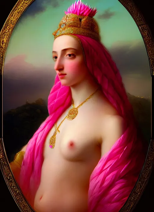 Image similar to stunning arabian godess princess, detailed pink and white protea head peace against a black backdrop by ivan aivazovsky, 3 / 4 view portrait, wlop, super sharp details, photorealism, canon 5 d, 5 0 mm lens, stunning photoshot, beautiful soft lighting, muted colours, artstation