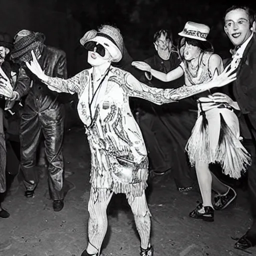 Prompt: impressionist noir rave party, where distinguished flappers meet swing king hippies