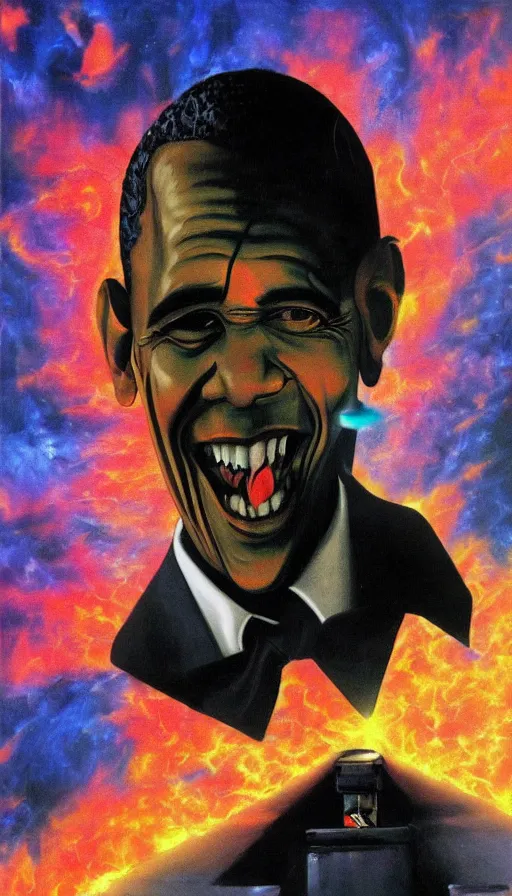 Image similar to obama is the highest ranking member of a highly advanced technological vampire cult, shooting lazer beams, hyperrealistic, surrealcore, lovecraftian, bright colours, 4 k by francisco goya