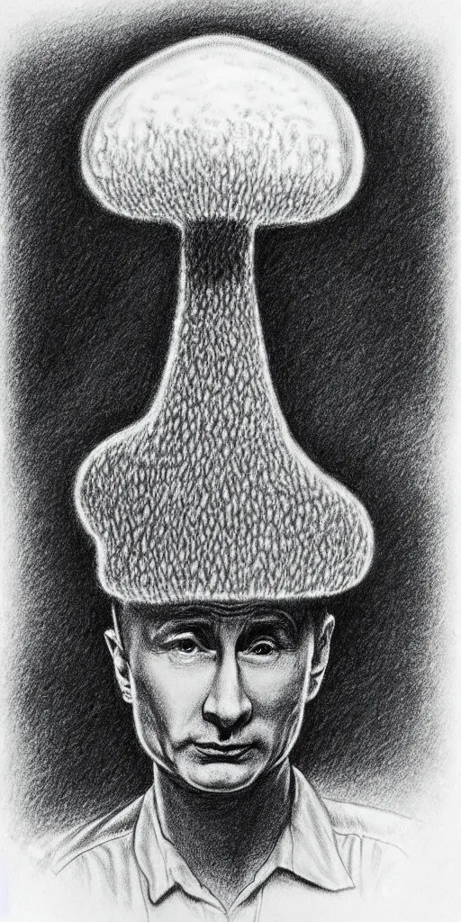 Image similar to vladimir putin wearing a nuclear mushroom cloud blast for a hat, cartoonish, ultra detailed pencil drawing