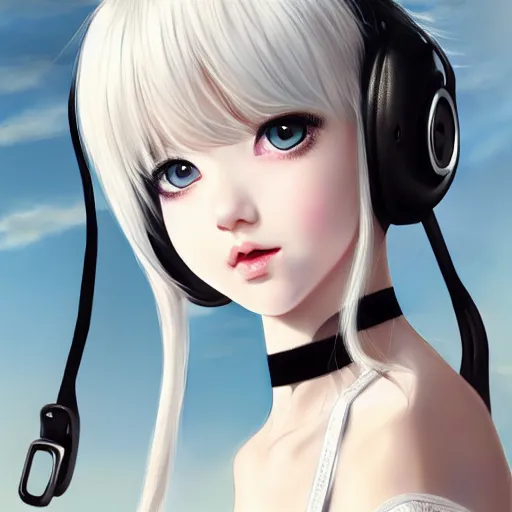 Image similar to realistic detailed semirealism beautiful gorgeous natural cute excited happy Blackpink Lalisa Manoban white hair white cat ears blue eyes, wearing black camisole outfit, headphones, black leather choker artwork drawn full HD 4K high resolution quality artstyle professional artists WLOP, Aztodio, Taejune Kim, Guweiz, Pixiv, Instagram, Artstation