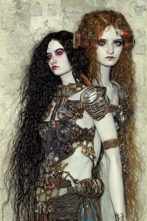 Prompt: portrait of beautiful young gothic maidens, cyberpunk, Warhammer, highly detailed, artstation, illustration, art by Gustav Klimt