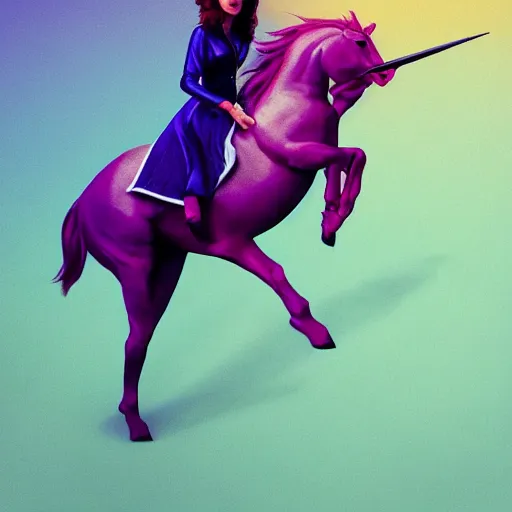 Image similar to a woman resembling olivia newton - john riding a unicorn. sharp colour photograph. soft lighting. depth of field. trending on artstation.