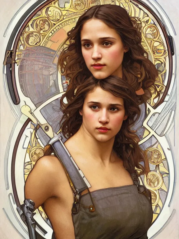 Image similar to an art nouveau style head and shoulders portrait oil painting of a pretty young alicia vikander or jessica alba as a mechanic in a dirty coveralls holding a wrench, in front of a round, complex rotary airplane engine, intricate, detailed, smooth, complex, elaborate, by alphonse mucha and james gurney and john william waterhouse and bouguereau