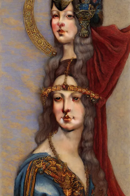 Prompt: coronation portrait of the queen of the dawn mountains, by Donato Giancola and John Bauer and John William Godward and Vermeer, embroidered velvet, iridescent beetles, rich color, ornate headdress, flowing robes, lost runes, ancient civilizations, dramatic cinematic lighting, featured on Artstation, cgisociety, unreal engine, extremely detailed