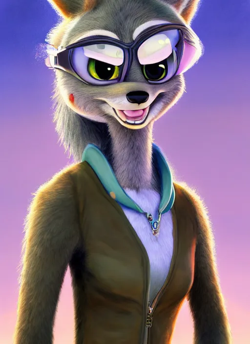 Image similar to oil painting detailed full body of anthromorphic female wolf, in style of zootopia, zootopia, zootopia, fursona, furry, furaffinity, 4 k, deviantart, furry art, fursona art, wearing astronaut outfit, in style of zootopia, wolf fursona, cyberpunk, female, detailed feminine face,