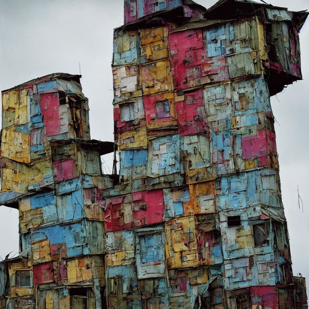 Prompt: close - up view of a tower made up of colourful makeshift squatter shacks with bleached colours, moody cloudy sky, dystopia, mamiya, fully frontal view, very detailed, photographed by bruno barbey