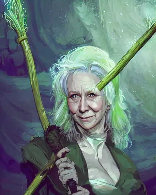 Prompt: a white-haired witch holding a gnarled staff, helen mirren, ancient wisdom, glowing iridescent accents, digital apex legends illustration portrait, gorgeous lighting, wide angle action dynamic portrait, art by Josan Gonzalez, bright colors, green and gold palette, high contrast