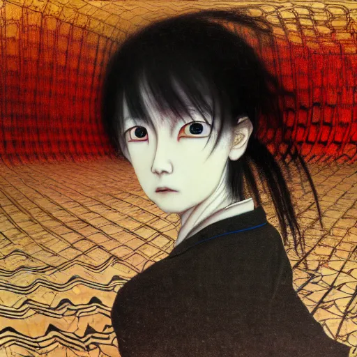 Image similar to yoshitaka amano blurred and dreamy realistic three quarter angle portrait of a woman with white hair and black eyes wearing dress suit with tie, junji ito abstract patterns in the background, satoshi kon anime, noisy film grain effect, highly detailed, renaissance oil painting, weird portrait angle, blurred lost edges