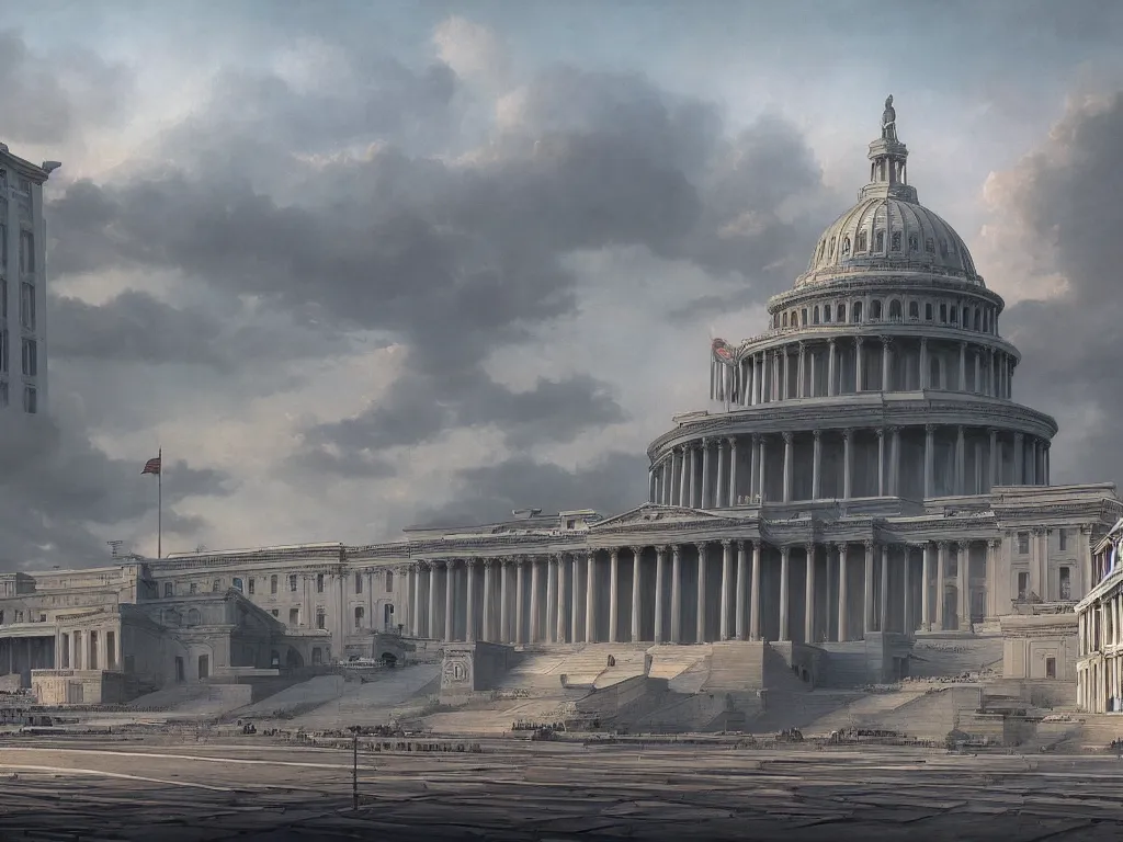 Image similar to matte painting by fan wennan. future capitol of the american communist party shining in the sun after the triumph of socialism in america, hyperdetailed, cinematic, photorealistic, hyperrealism, masterpiece, future communist governmental architecture, statue, imposing, strength, abundance. america 2 0 9 8