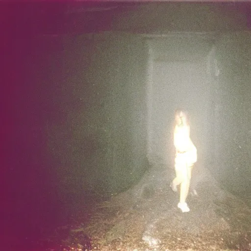 Prompt: Photograph of Samara Morgan crawling through Silent Hill, dark, no lights, moist, taken using a film camera with 35mm expired film, bright camera flash enabled, award winning photograph, creepy, liminal space