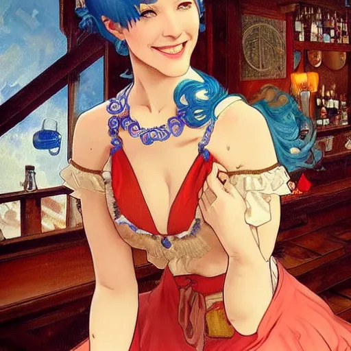 Prompt: a smiling happy beautiful barmaid with short blue hair wearing a red dress in a rustic saloon, beautiful blue eyes, fantasy, intricate and very beautiful and elegant, highly detailed, digital painting, artstation, concept art, smooth and sharp focus, illustration, art by tan zi and artgerm and alphonse mucha and peter mohrbacher