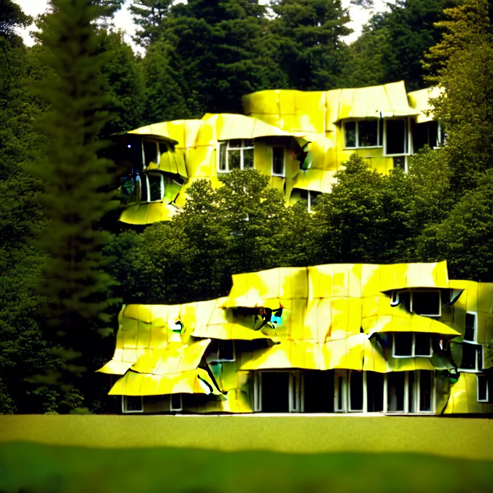 Prompt: a flat house from far away with big tiles, in a forest, designed by Frank Gehry. Film grain, cinematic, yellow hue