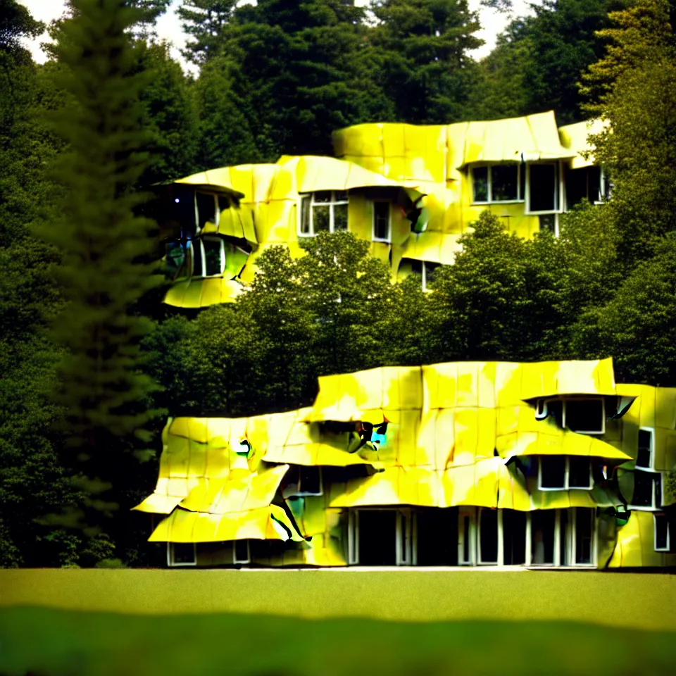 Image similar to a flat house from far away with big tiles, in a forest, designed by Frank Gehry. Film grain, cinematic, yellow hue