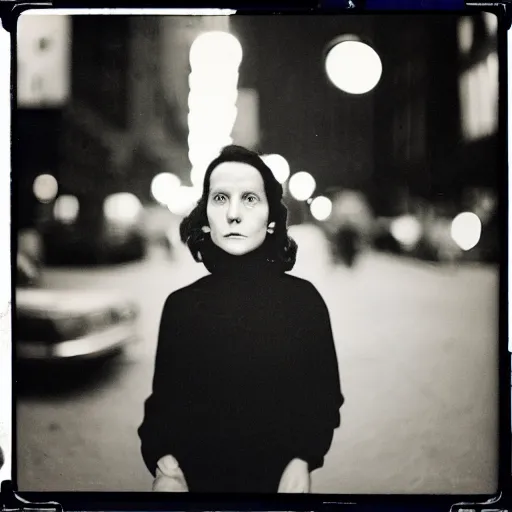 Prompt: analog head and shoulder fine art portrait photography of a woman by vivien maier, on madison avenue. american street photography. candid. marquee lights glow in the background. flimic. kodak brownie. symmetrical balence. in - frame