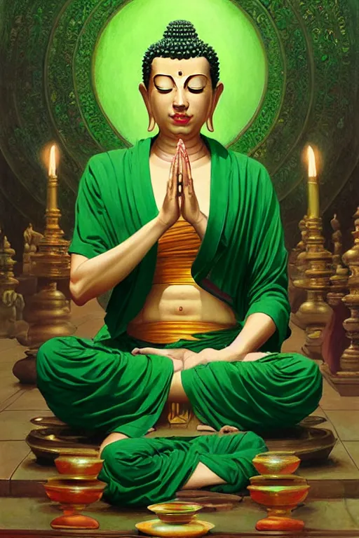 Image similar to buddhism, temple, green clothes, painting by greg rutkowski, j. c. leyendecker, artgerm