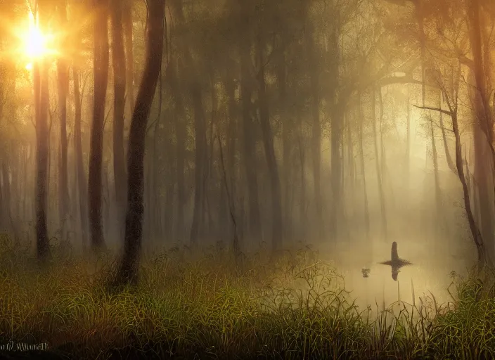 Image similar to misty swamp in early morning, hazy fog, sundown golden hour, firefly wisps, sun rays through trees, Lilia Alvarado, Sophie Anderson, Mark Arian, Bob Byerley, Charlie Bowater, Mark Brooks, Steve Henderson, Justin Gerard, Arthur Hughes, Edward Robert Hughes, Mark Keathley, Victor Nizovtsev, Carlos Shwabe, Ross Tran, WLOP