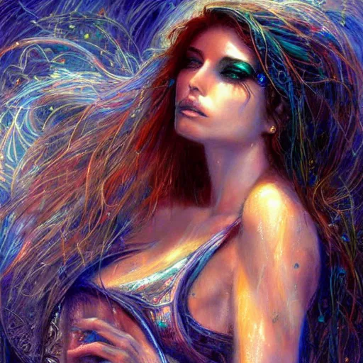 Image similar to masterpiece goddess of sorrow, realistic portrait, 3 0 years woman, melancholic face, long hair, digital painting by louis royo and julie bell, dark tenebrous blue background, cinematic light, aura effect, some chaotic sparkles, wind, unreal engine, artstation, deviantart, pinterest