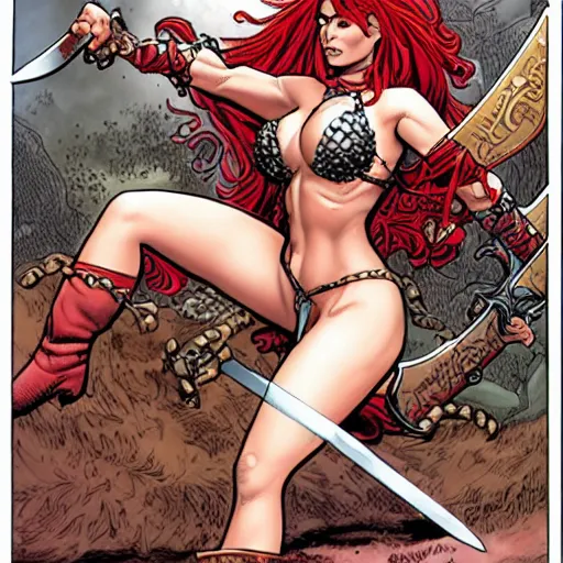 Image similar to Red Sonja wielding a huge sword, with a dead monster at her feet. J. Scott Campbell