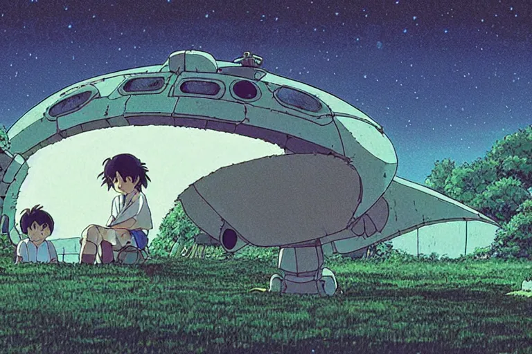 Prompt: a still from a studio ghibli film of an alien mothership from princess mononoke ( 2 0 0 4 ) at night in a suburban backyard. full body, wide shot, very muted colors, post grunge, studio ghibli, laurie greasley, highly detailed, deviantart, art by artgem