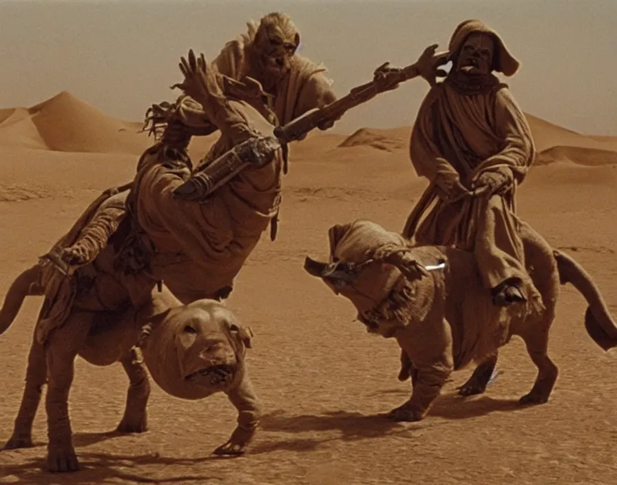 Image similar to Still from the original Star Wars of a Tusken raider riding a giant dachshund on Tatooine