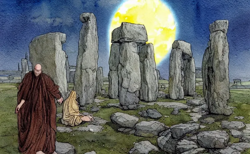 Image similar to a realistic and atmospheric watercolor fantasy concept art of giant monk with a long forehead in grey robes sitting in stonehenge. in the background a ufo is in the sky. by rebecca guay, michael kaluta, charles vess