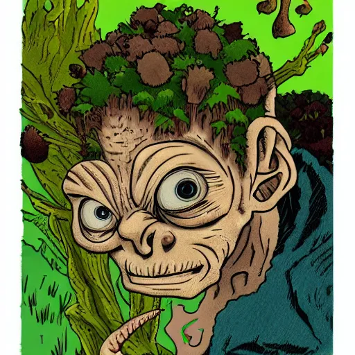 Image similar to Gollum with spores on head , mushrooms