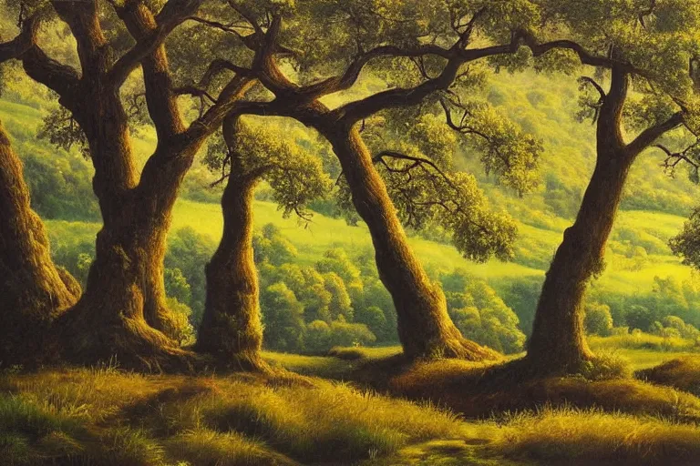 Image similar to masterpiece painting of oak trees on a hillside overlooking a creek, dramatic lighting, by cliff childs