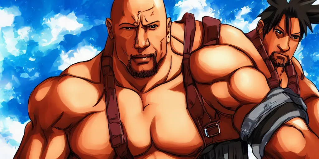 Image similar to anime portrait of dwayne johnson as barret from final fantasy 7