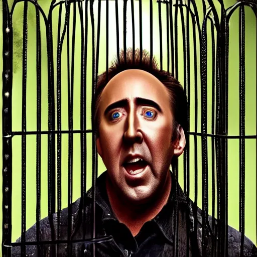 Image similar to nicolas cage trapped in a wicker cage being covered in peas, screaming, movie still, hdr