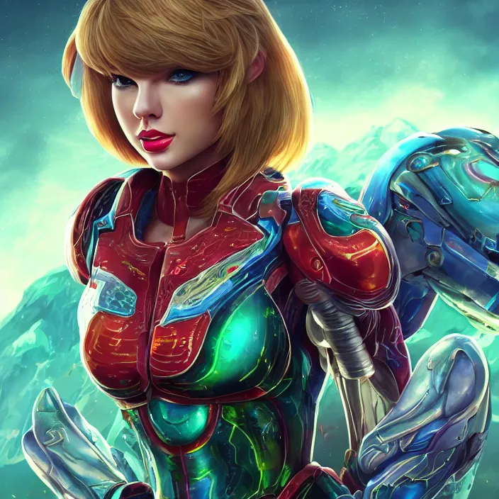 Image similar to portrait of Taylor Swift as SAMUS ARAN. metroid. HD, 4K. intricate. intricate artwork. by Tooth Wu, wlop, beeple, dan mumford. octane render, trending on artstation, greg rutkowski very coherent symmetrical artwork. cinematic, hyper realism, high detail, octane render, 8k, iridescent accents.